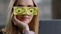 Close-up sleeping girl funny lazy caucasian business woman tired sleepy female worker with sticky notes on eyes glasses Royalty Free Stock Photo
