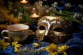 close-up of a sleeping mask next to a teacup filled with herbal tea