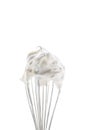 A close up of a slender whisk topped with whip cream peaks isolated against a bright white background.