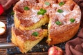 Close-up of a slice of apple sponge cake