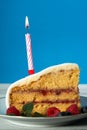 Close up of a slice of birthday cake with candle Royalty Free Stock Photo