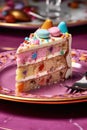 close-up of a slice of birthday cake on a plate Royalty Free Stock Photo