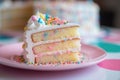 close-up of a slice of birthday cake on a plate