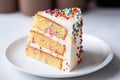 close-up of a slice of birthday cake on a white plate Royalty Free Stock Photo