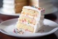 close-up of a slice of birthday cake on a white plate Royalty Free Stock Photo