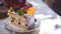 Close up Slice birthday fruit cake in plate violet delicious cream in layer Royalty Free Stock Photo