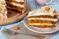 Close-up the slice  of  carrot cake with almonds on a saucer, a fork and cake near on blue wooden table. Royalty Free Stock Photo