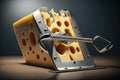 close-up of a slice of cheese with teethmarks in it, surrounded by the metal jaws of the mousetrap Royalty Free Stock Photo