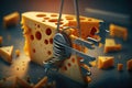 close-up of a slice of cheese with teethmarks in it, surrounded by the metal jaws of the mousetrap Royalty Free Stock Photo