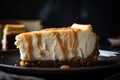 close-up of slice of creamy cheesecake, with visible swirls of rich and tangy cream cheese