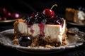 close-up of slice of decadent cheesecake, with cherry and graham cracker crust visible