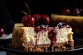 close-up of slice of decadent cheesecake, with cherry and graham cracker crust visible