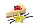 Close-up slice of delicious homemade cheesecake with fresh cranberries, vanilla pods and flower
