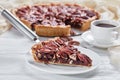 Close-up of a slice of delicious pecan pie