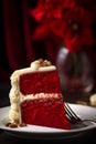 Close-up slice of delicious Red velvet cake on a plate. Generated AI
