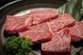 Close up of slice freshness marbled of Japanese Kobe Matsusaka beef