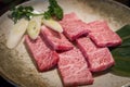 Close up of slice freshness marbled of Japanese Kobe Matsusaka beef