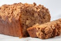 close-up of slice of gluten-free and vegan banana bread, with cinnamon streusel topping