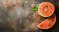 A close up of a slice and half of watermelon on the table, AI Royalty Free Stock Photo