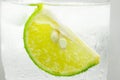 Close up slice of lime in glass sprakling water. Royalty Free Stock Photo