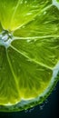 Close-up of a slice of lime with water droplets.