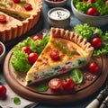 Close up of A slice of quiche lorraine with salad and cherry tomatoes