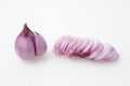 Close up of Slice shallots or Slice Red Spanish onion and one Red Onion Royalty Free Stock Photo