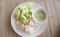 Slice steamed bread and pandan custard, Thai dessert