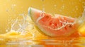 A close up of a slice of watermelon being splashed with orange juice, AI Royalty Free Stock Photo