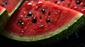 A close up of a slice of watermelon with drops on it, AI Royalty Free Stock Photo