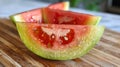 A close up of a slice of watermelon on top of wood, AI Royalty Free Stock Photo