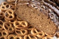 Close-up of sliced bread and pretzels