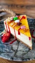 Candy coated lemon cheesecake on wooden table