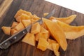 Close-up of a sliced cantaloupe on a cutting board Royalty Free Stock Photo