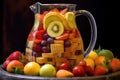 close-up of sliced fruits in a glass pitcher