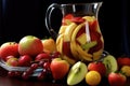 close-up of sliced fruits in a glass pitcher