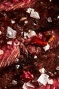 Close up of grilled Medium Rare Ribeye steak with salt cristals