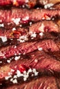 Close up of grilled Medium Rare Ribeye steak with salt cristals