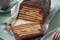 Close-up of sliced Kalter Hund biscuit cake