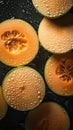 a close up of a sliced melon on a black surface with drops of water on the top of the melon and the whole melon on the side Royalty Free Stock Photo