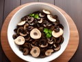 close up sliced mushrooms in a white dish , AI Generated Royalty Free Stock Photo