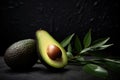 Close up of sliced open avocado on a dark background, AI generated