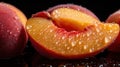 A close up of a sliced peach with water droplets on it, AI