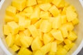 Close up Sliced, peeled raw potatoes in a white bowl, top view Royalty Free Stock Photo