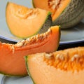 Close up of Slices of Japanese melons, honey melon or cantaloupe. Best fruit in summer. Fruit. Healthy food concept. Front-view