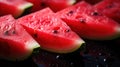 A close up of slices of watermelon with drops on them, AI