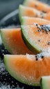 A close up of slices of watermelon with sugar sprinkled on them, AI