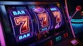 Slot Machine Displaying Lucky Sevens and Bar Symbols.