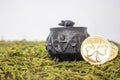 Close Up Small Antique Oak Pot with Shamrocks and Gold Coins on Royalty Free Stock Photo