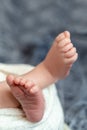 Close-up of small baby legs. The sleeping Newborn boy under a white knitted blanket lies on the blue fur. Royalty Free Stock Photo